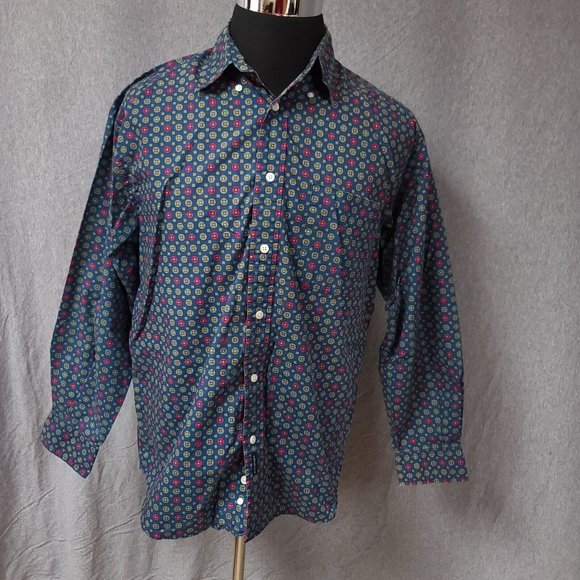 Dockers Mens Medium Blue Green Diamond Geometric Long Sleeve Button Up Shirt - Picture 2 of 11